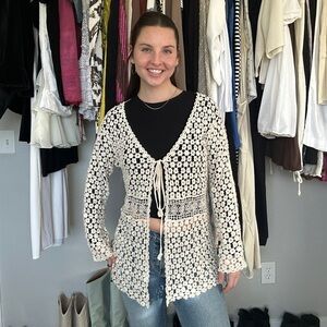 Boho Crochet Tie-Front Cardigan Cream